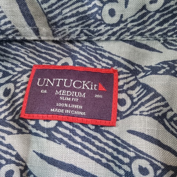 Untuckit Brentin 100% Linen Hawiian Short Sleeve Shirt Men's Slim Medium Blue - Picture 4 of 8